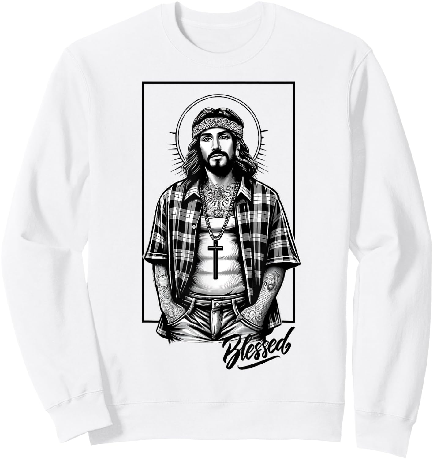 Chicano Latino Cholo Mexican Street Jesus Blessed Religious Sweatshirt - Sweatshirt | White