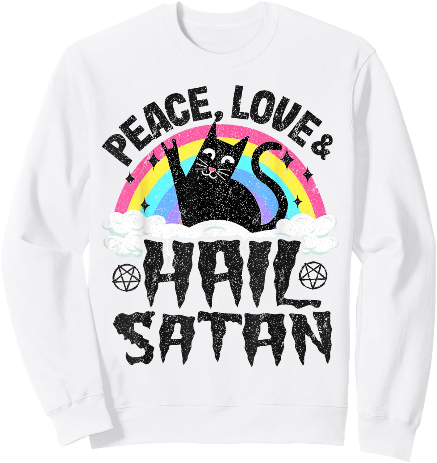 Peace Love & Hail Satan Cat Kids Punk Band Metal Rainbow Sweatshirt - Sweatshirt | White