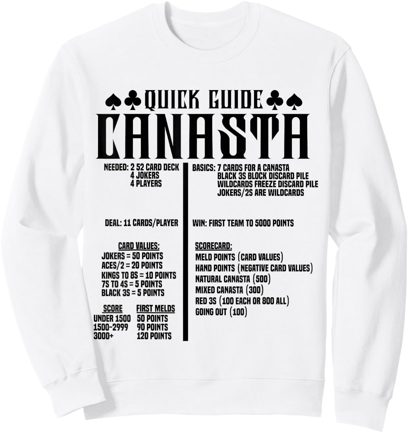 Canasta Guide Game Cards Set Score Pads Team Tray Canasta Sweatshirt - Sweatshirt | White