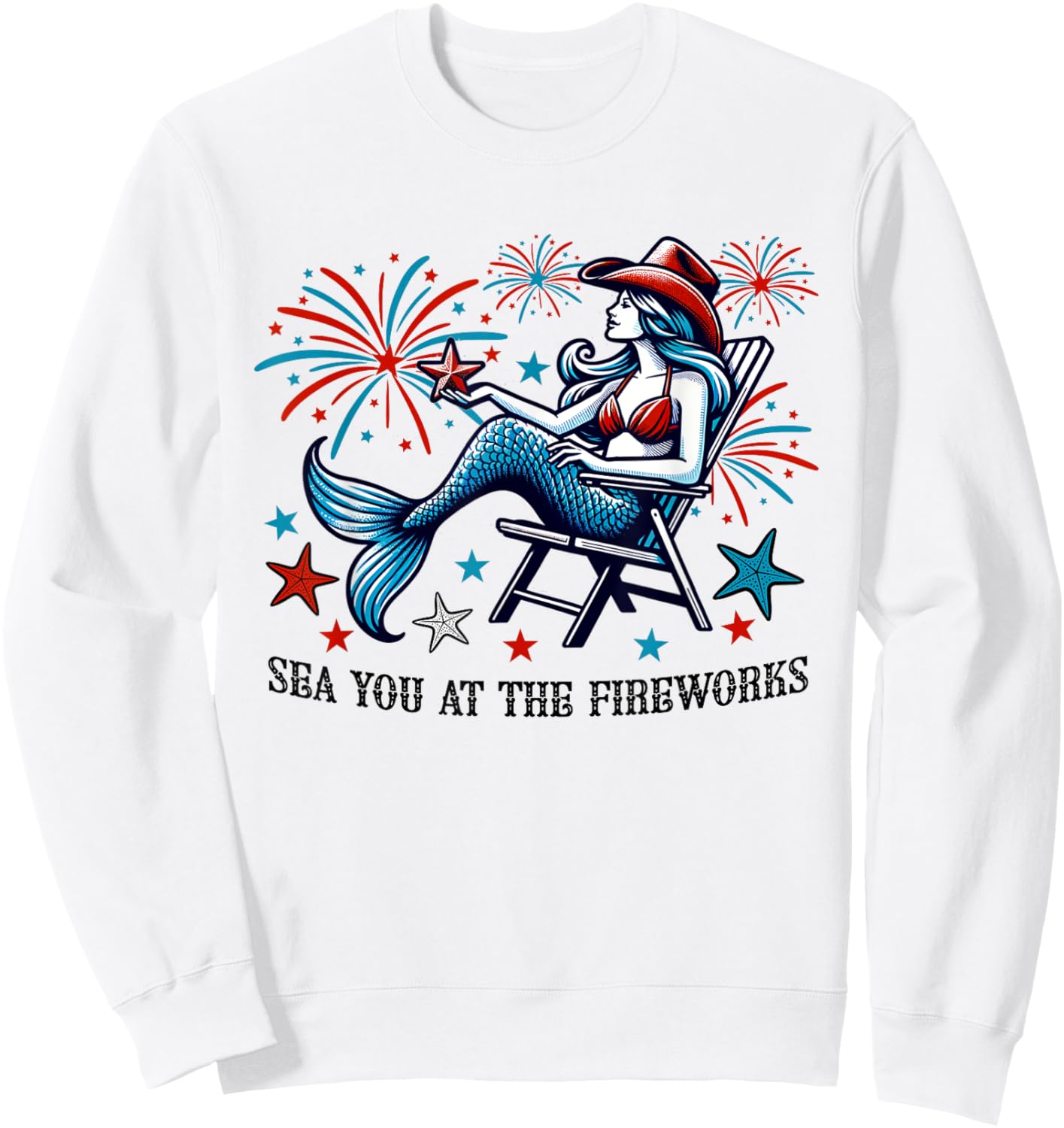 Mermaid Sea You At The Fireworks 4th of July Patriotic Cute Sweatshirt - Sweatshirt | White