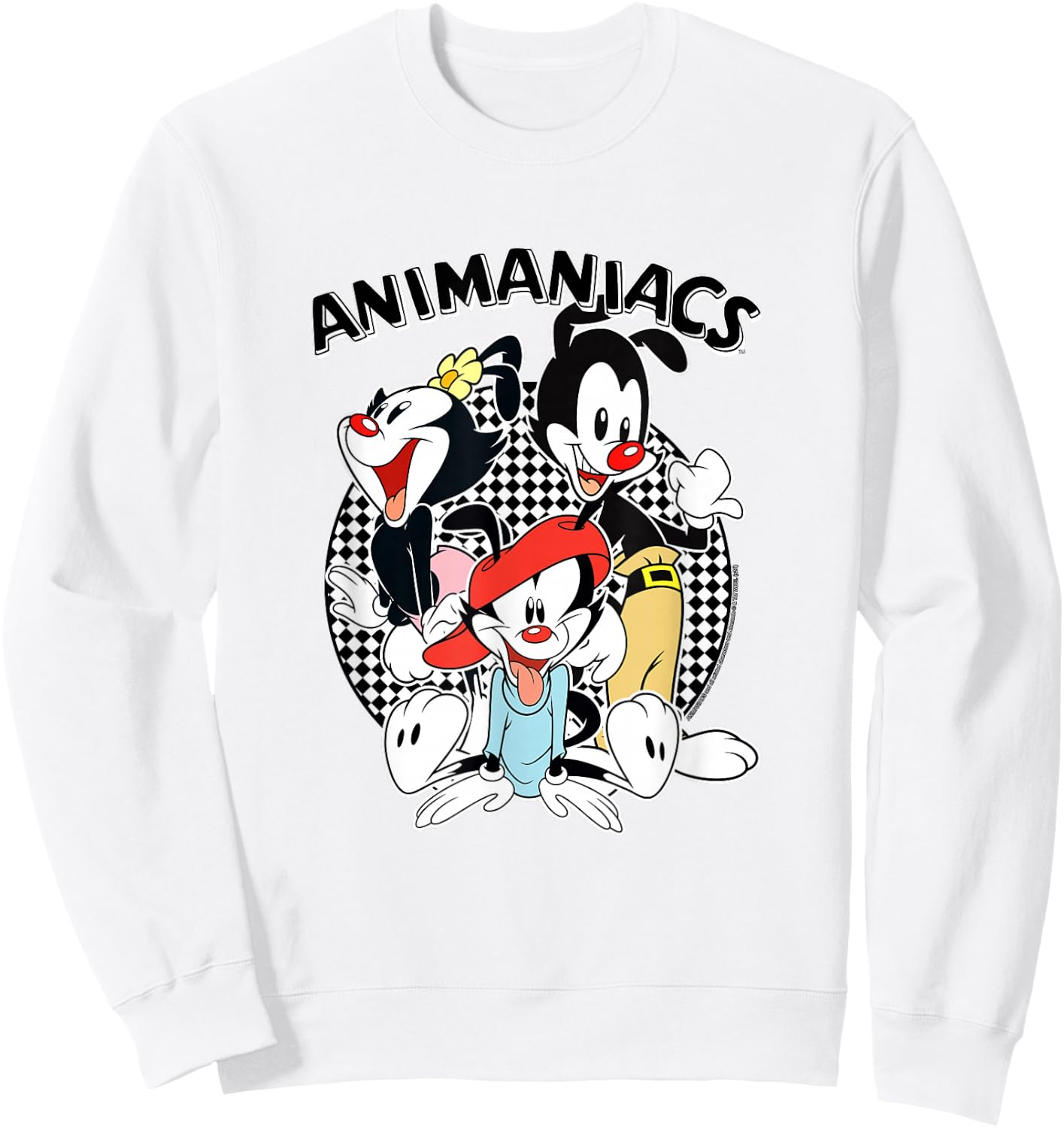 Animaniacs Checkerboard Print Group with Logo Cartoon Sweatshirt - Sweatshirt | White