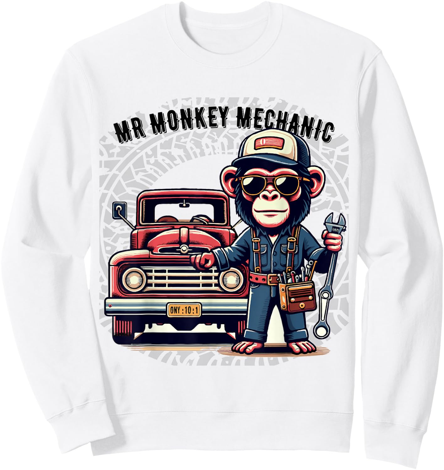 Mr Cute Monkey Mechanic Sunglasses Working on Vintage Truck Sweatshirt - Sweatshirt | White