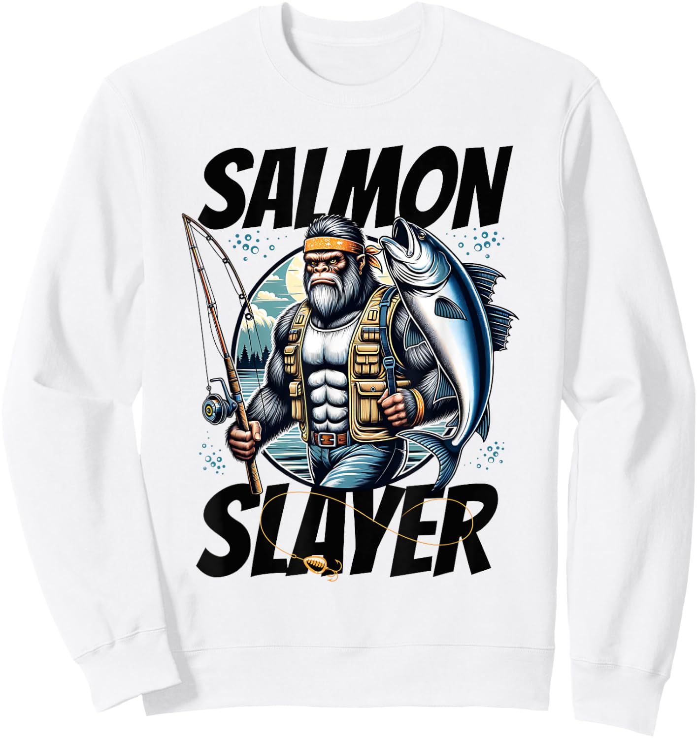 Salmon Slayer Funny Bigfoot Fishing Salmon Fish Sweatshirt - Sweatshirt | White