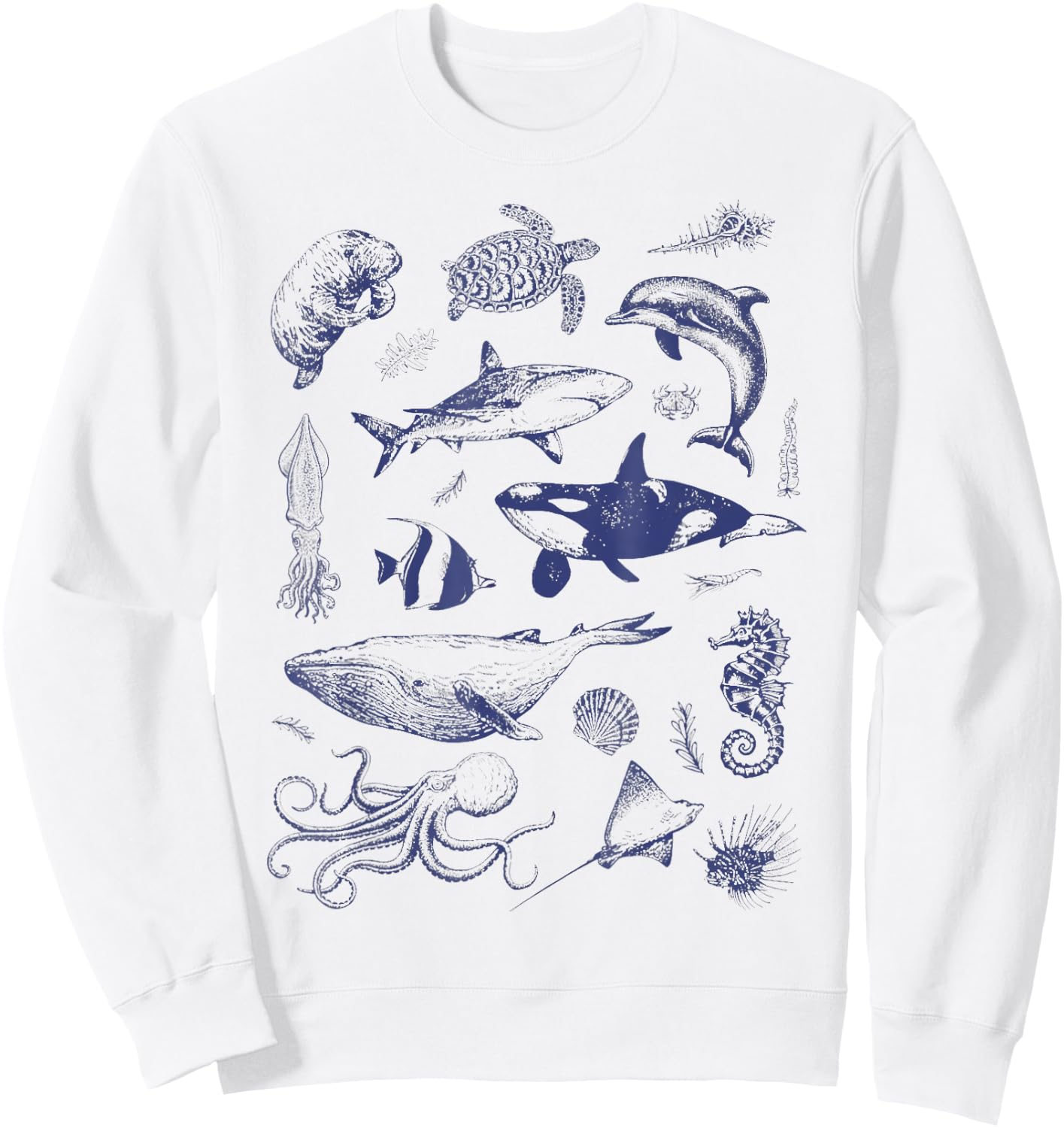 Ocean Wildlife Vintage Shark Turtle Octopus Graphic Sweatshirt - Sweatshirt | White