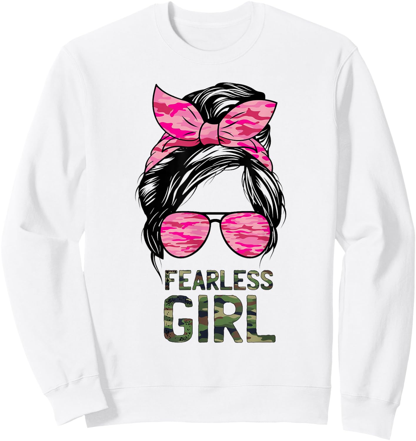 Fearless Girl Camo Green Camoflauge Pink Messy Burn Hair Sweatshirt - Sweatshirt | White