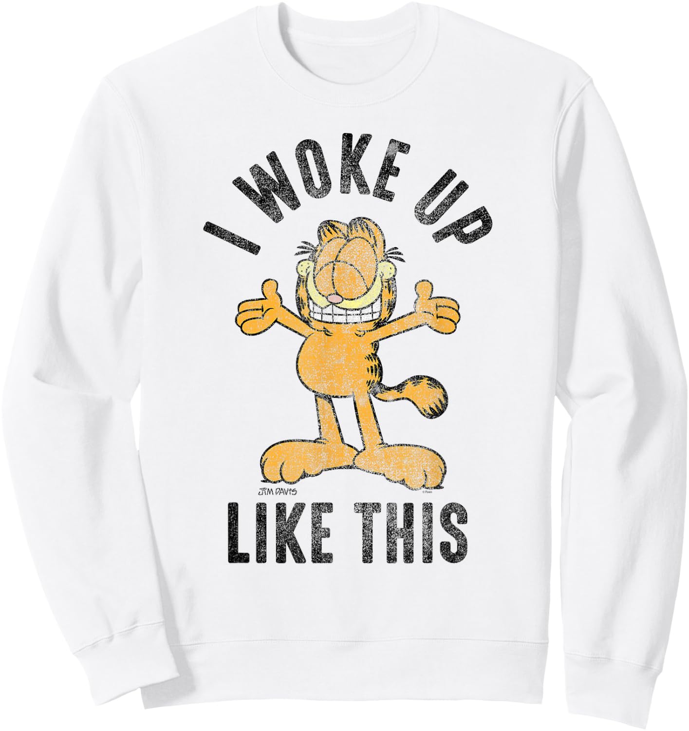 Garfield I Woke Up Like This Distressed Cartoon Cat Sweatshirt - Sweatshirt | White