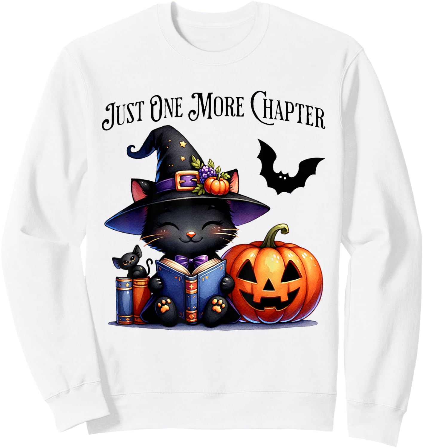 Cat Reading Halloween Pumpkin Cute Just One More Chapter Sweatshirt - Sweatshirt | White