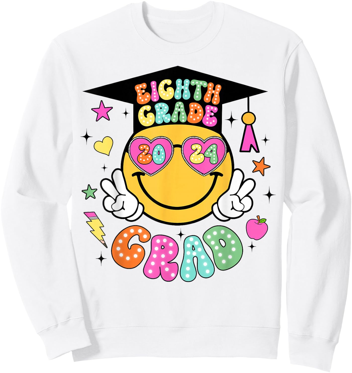Groovy 8th Grade Graduate Happy Face Graduation 2024 Grad Sweatshirt - Sweatshirt | White
