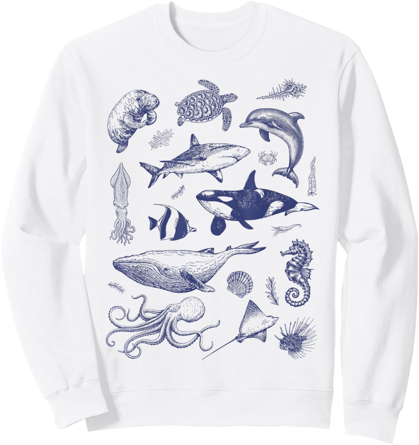 Ocean Wildlife Vintage Shark Turtle Octopus Graphic Sweatshirt - Sweatshirt | White
