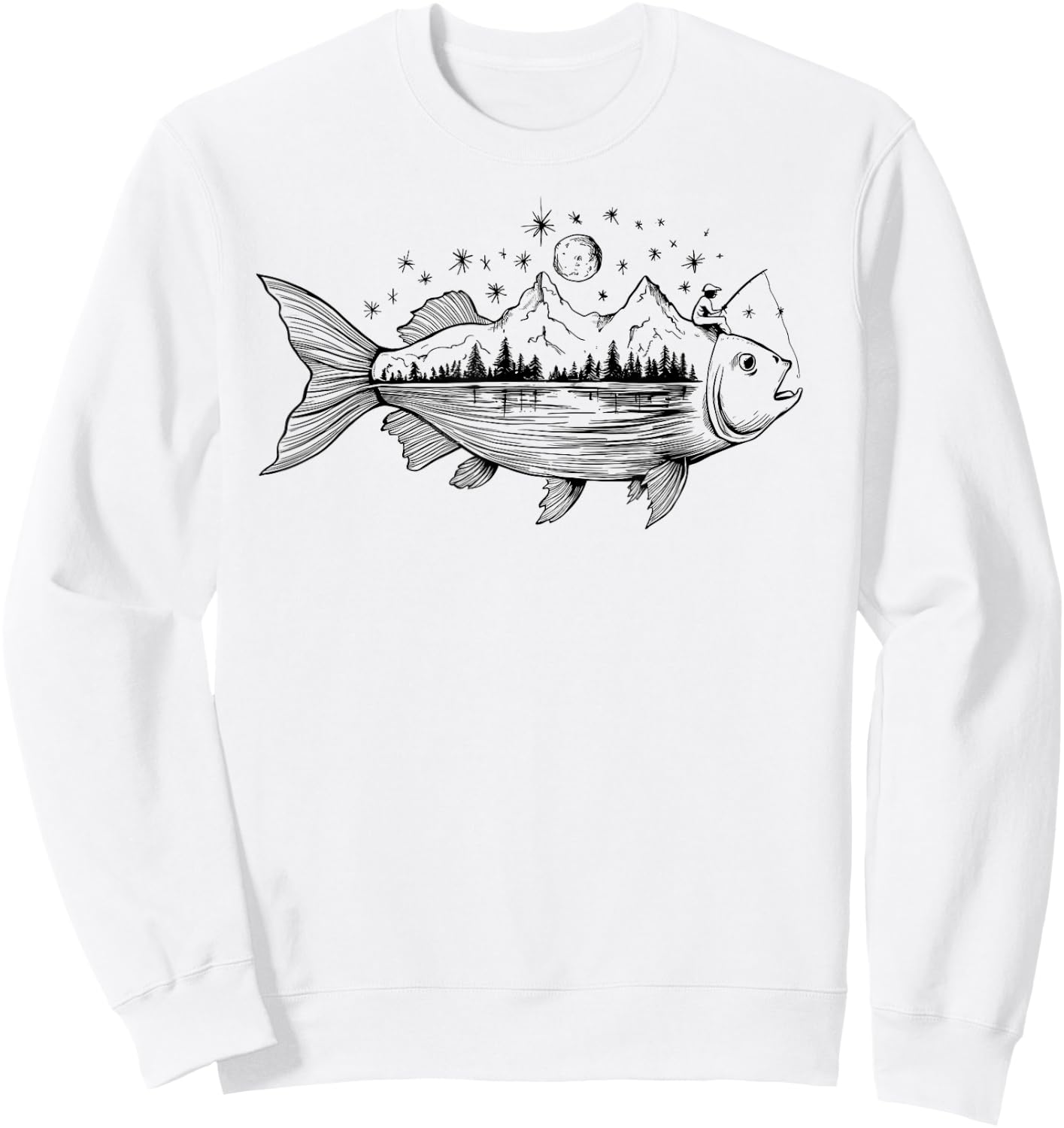 Cool Fish Shaped from Mountains Nature Scene Fishing Sweatshirt - Sweatshirt | White