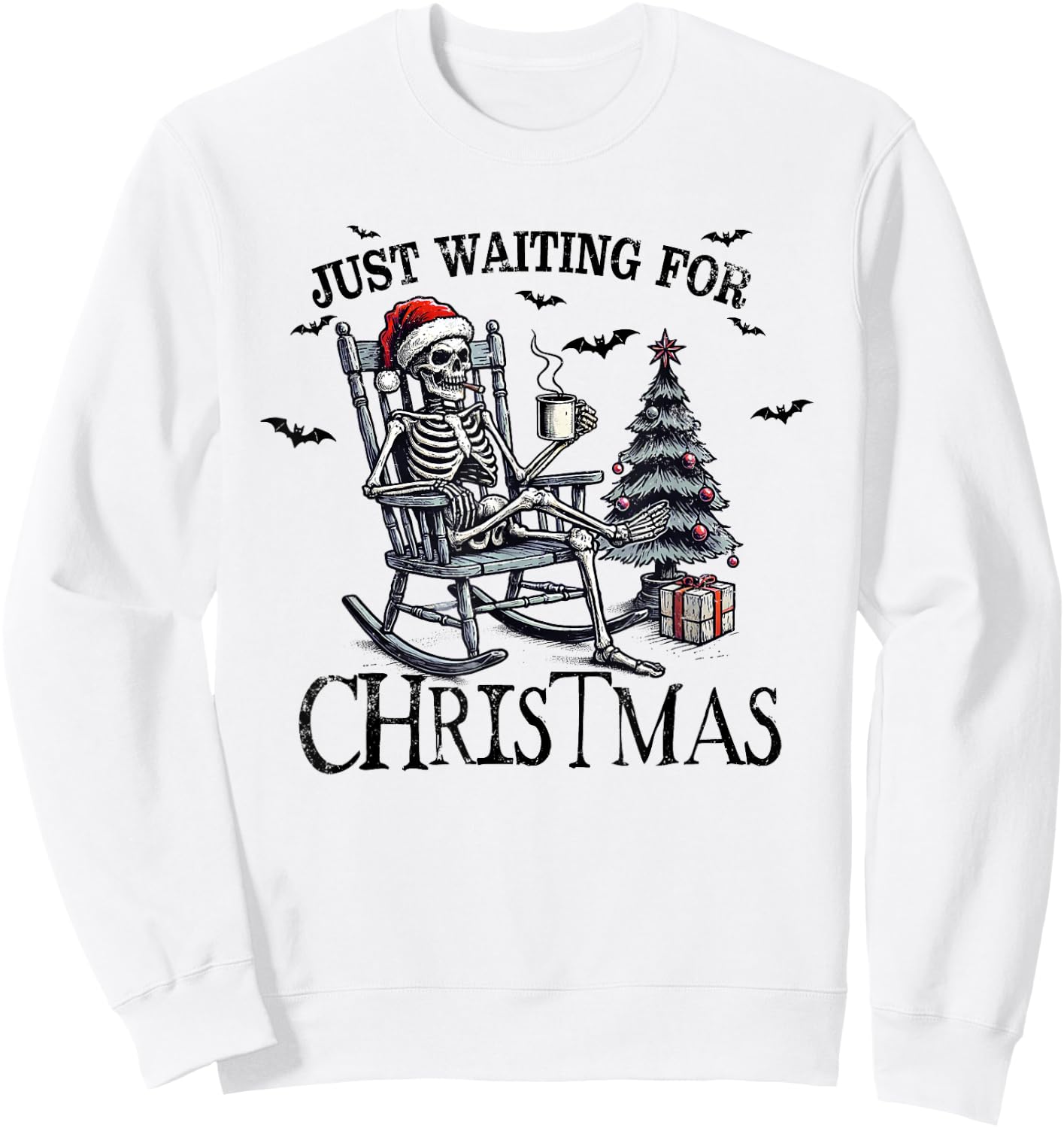 Just Waiting For Christmas Holiday Funny Skeleton Christmas Sweatshirt - Sweatshirt | White