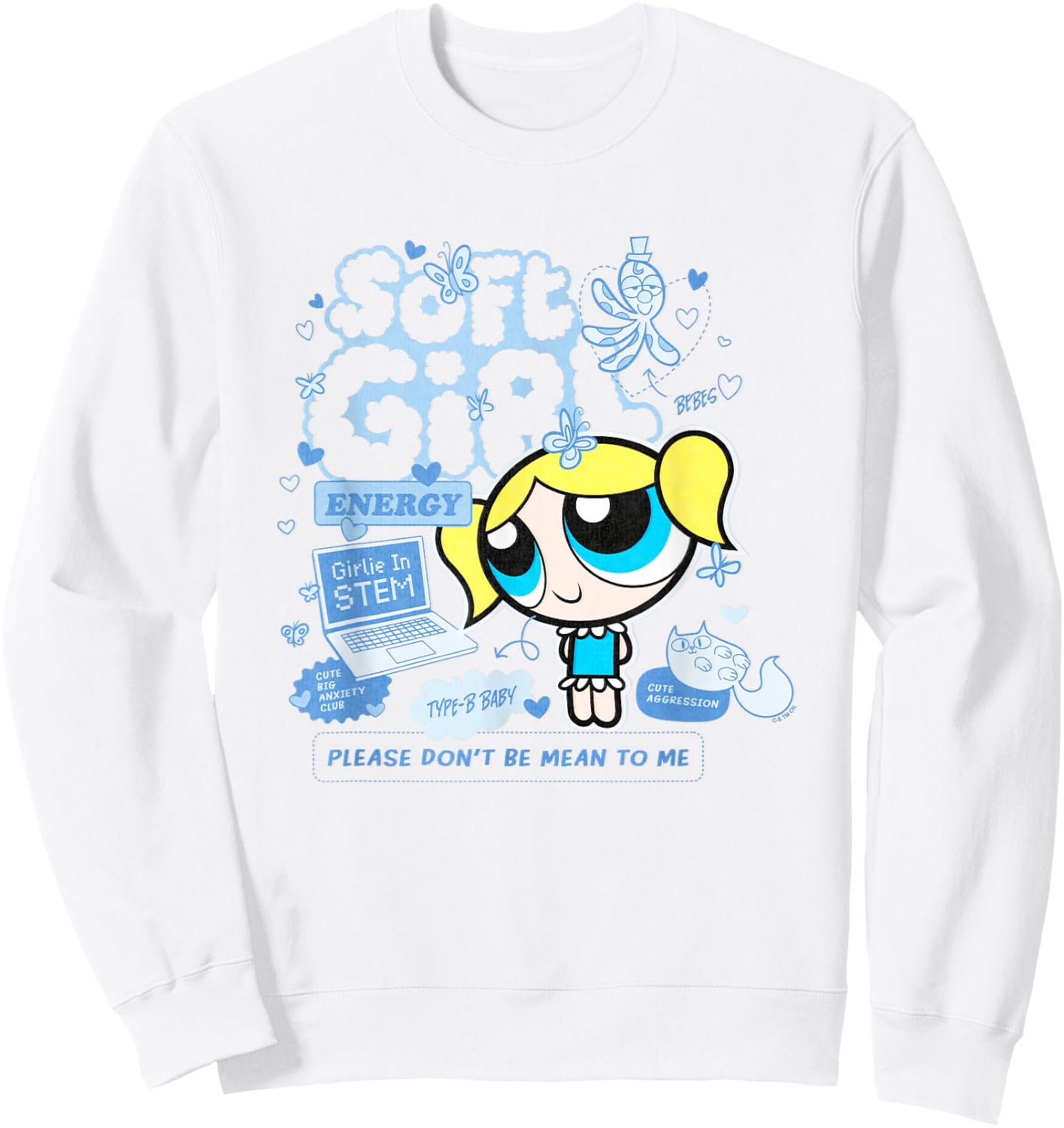The Powerpuff Girls Bubbles Soft Girl Cute Shot Distressed Sweatshirt - Sweatshirt | White