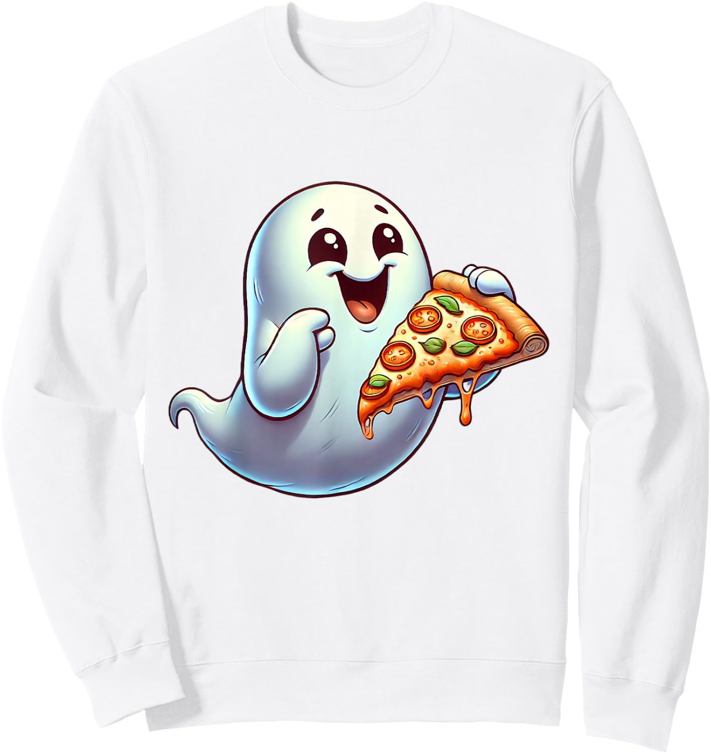 Ghost Eating Pizza Halloween Men Women Kids Sweatshirt - Sweatshirt | White