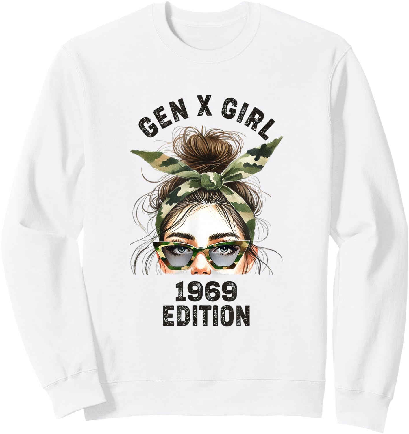 Gen X Girl 1969 Edition Retro Camouflage Headband messy bun Sweatshirt - Sweatshirt | White