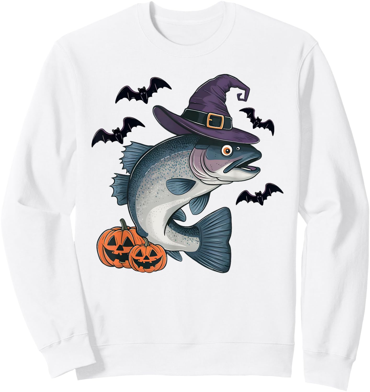 Rainbow Trout Fish Halloween Costume Pumpkin Bat Witch Sweatshirt - Sweatshirt | White