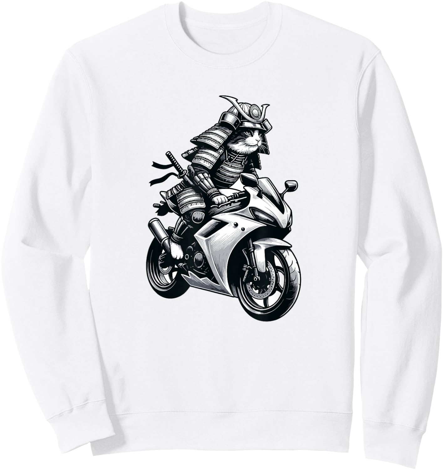 Japanese Samurai Ninja Cat Riding a Motorcycle Crotch Rocket Men Women Sweatshirt - Sweatshirt | White