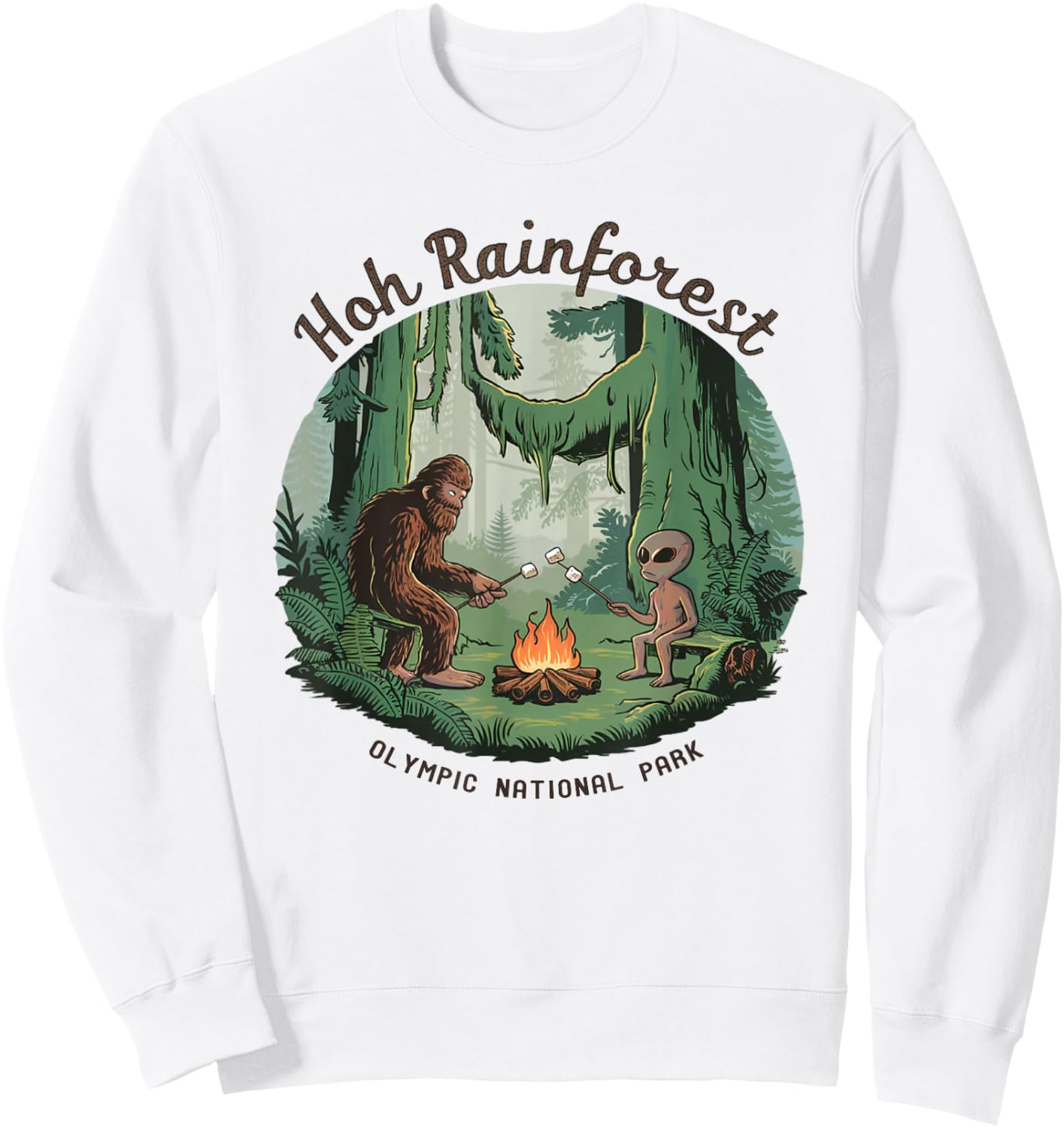 Funny Bigfoot & Alien Gifts And Shirts Bigfoot & Alien Camping Hoh Rainforest Olympic National Park -Adults Kids White Short Sleeve Classic Fit Cotton Blend Machine Wash Size Small Sweatshirt - Sweatshirt | White