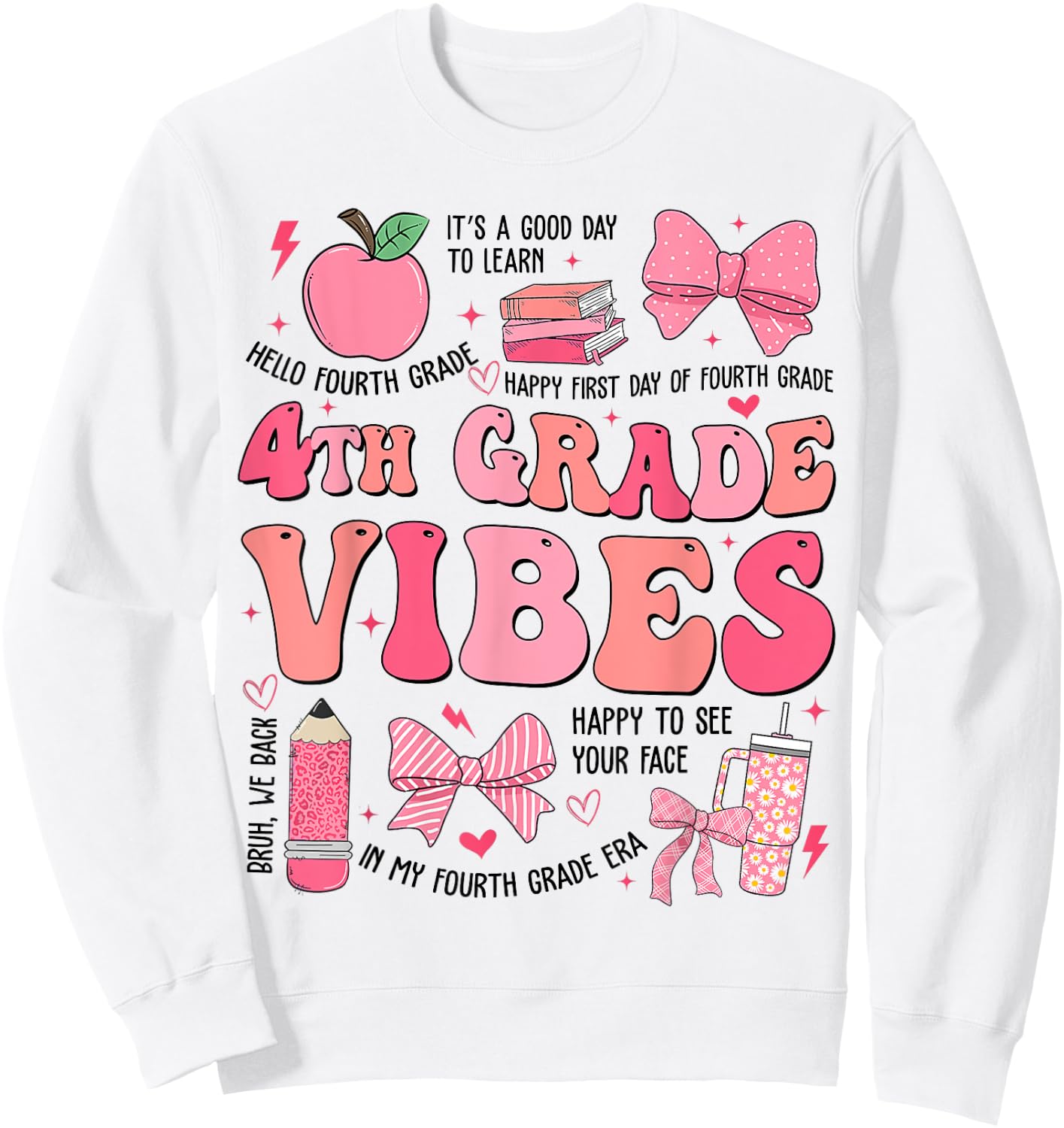 Girls 4th Grade Vibes Coquette Bow Back to School Teacher Sweatshirt - Sweatshirt | White