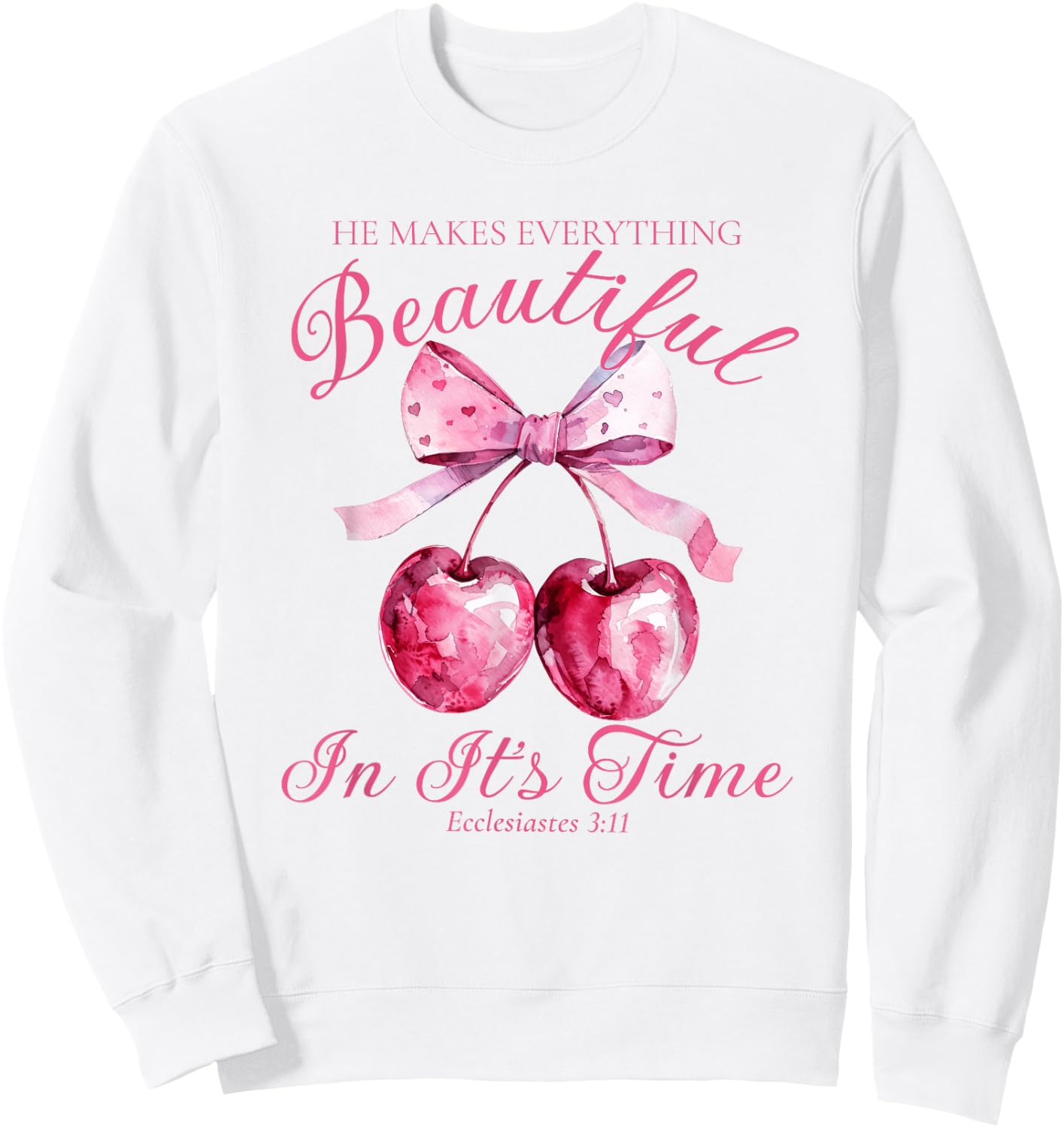 Crochet Pink Bow Cherry Bible Verse Jesus Coquette Christian Sweatshirt - Sweatshirt | White