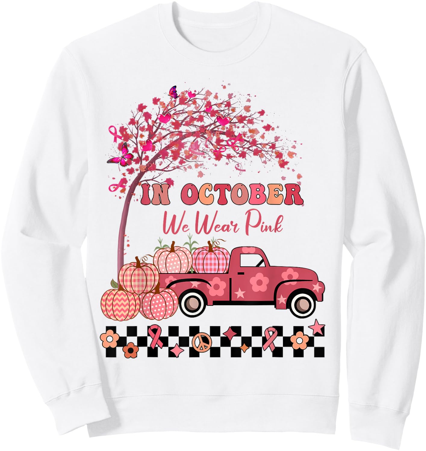 In October We Wear Pink Truck Breast Cancer Awareness Gifts Sweatshirt - Sweatshirt | White