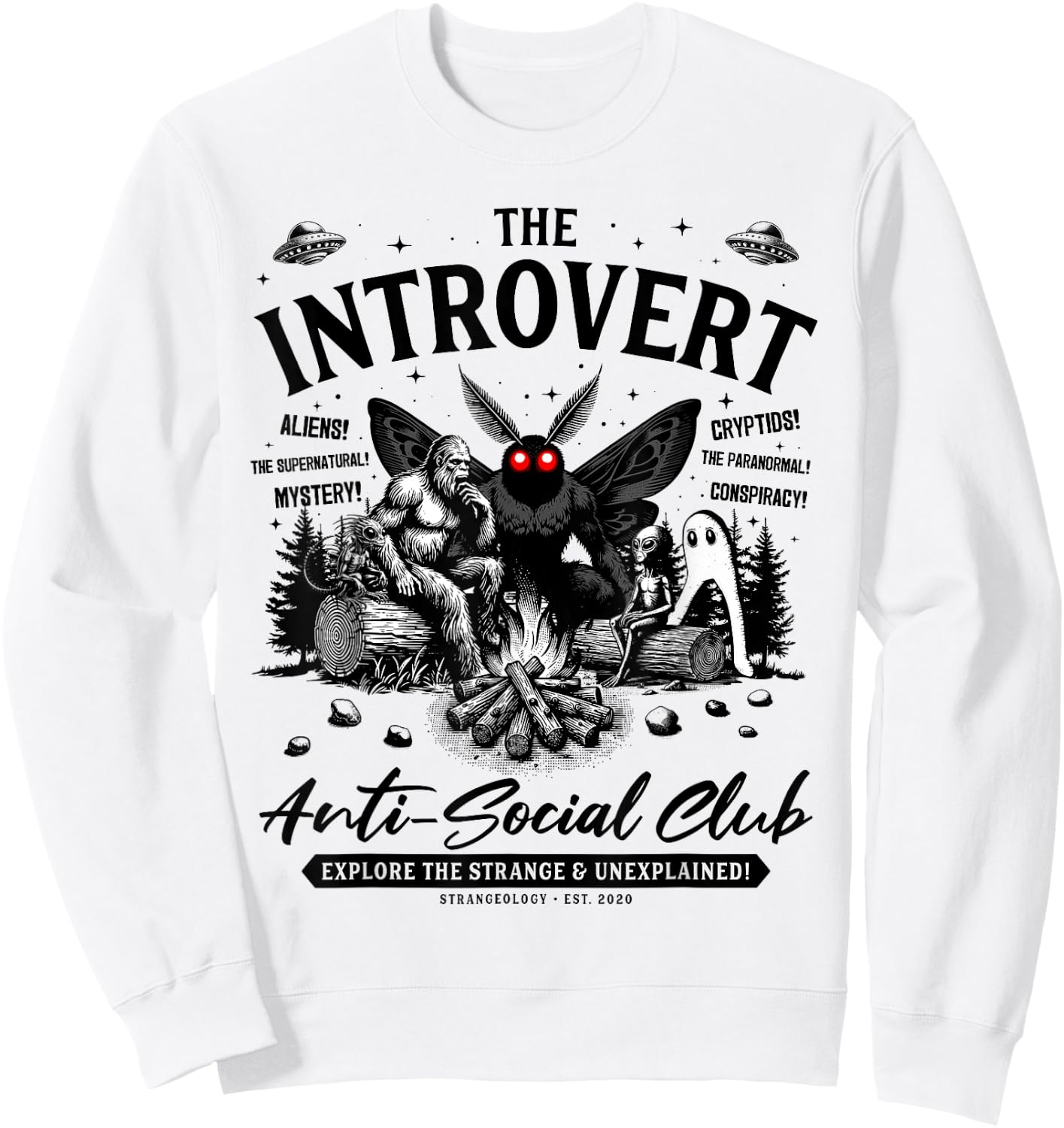 The Introvert Social Club Bigfoot Mothman Alien Creature Sweatshirt - Sweatshirt | White