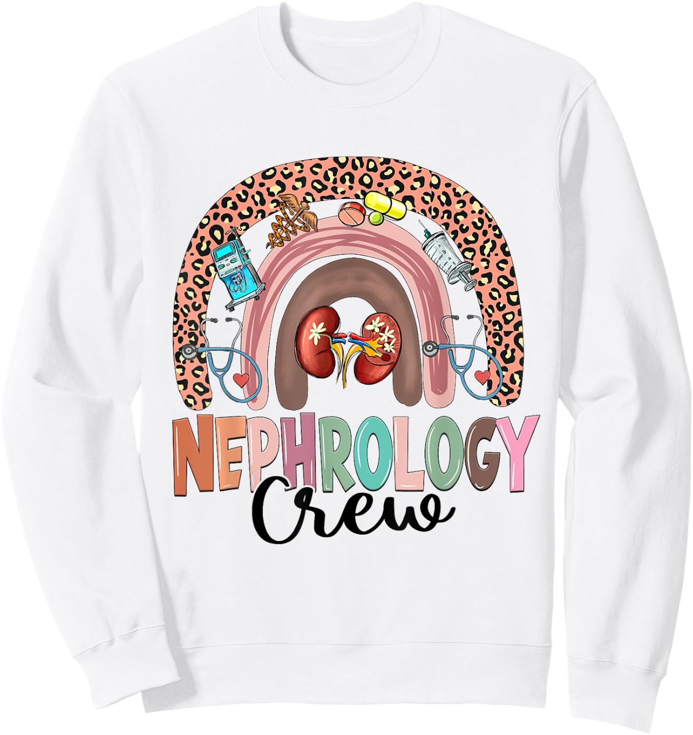 Nephrology Crew Rainbow Kidney Leopard Nephrology Nurse Sweatshirt - Sweatshirt | White