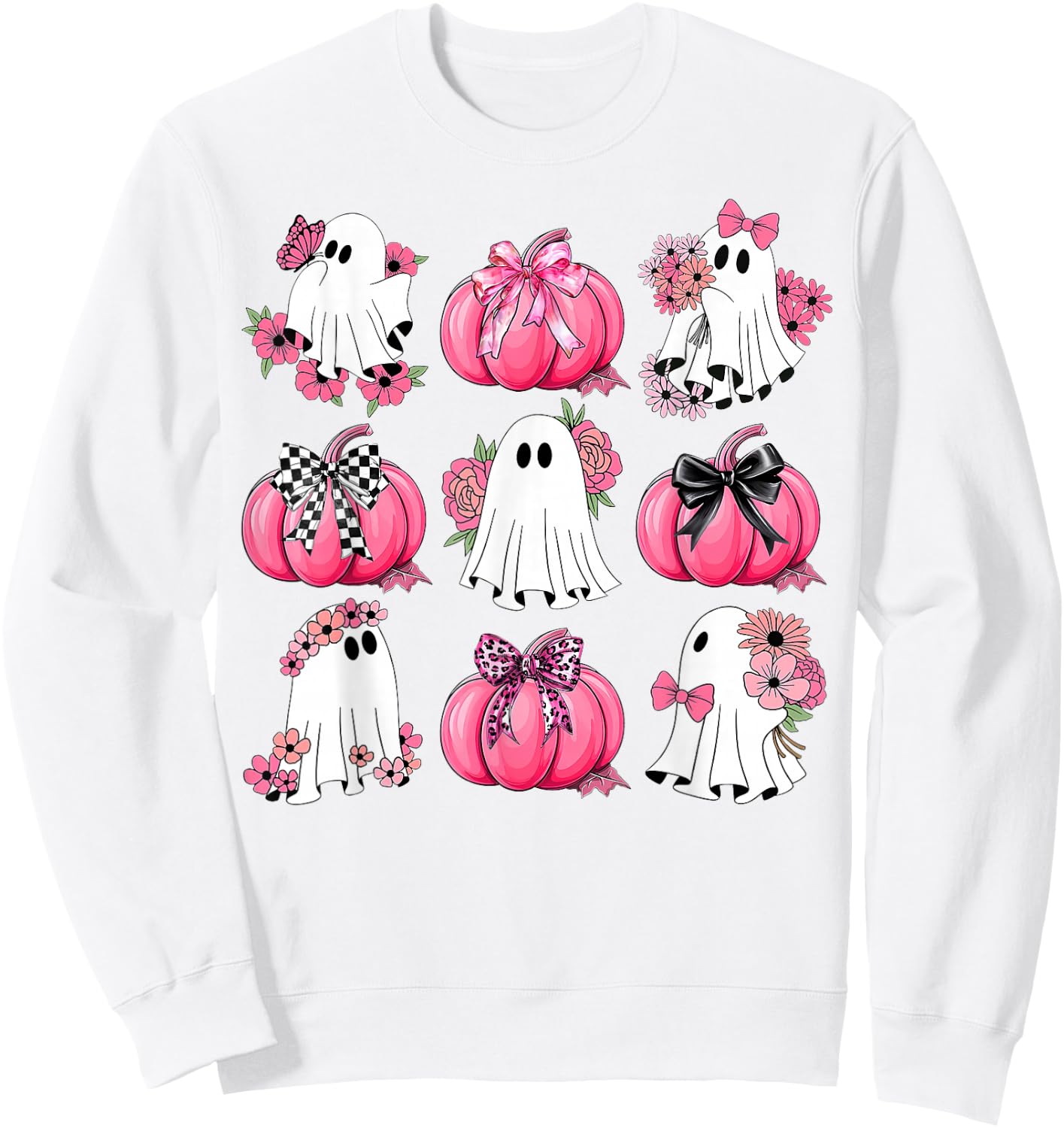 Cute Ghost Florals Pink Coquette Bows Pumpkins Halloween Sweatshirt - Sweatshirt | White
