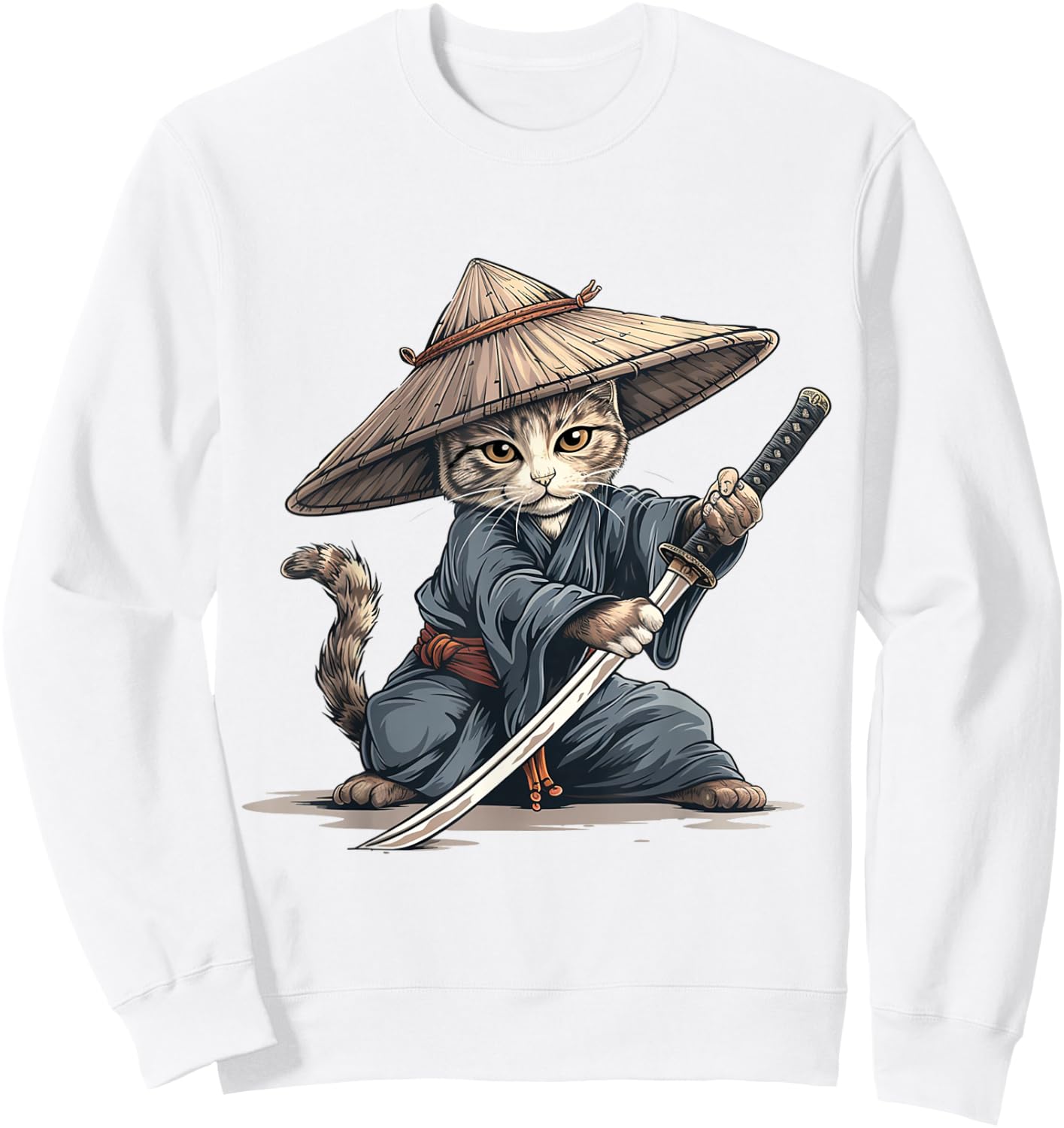 Japanese Art Cat Ninja Ukiyo-e Anime Style Samurai Cat Sweatshirt - Sweatshirt | White