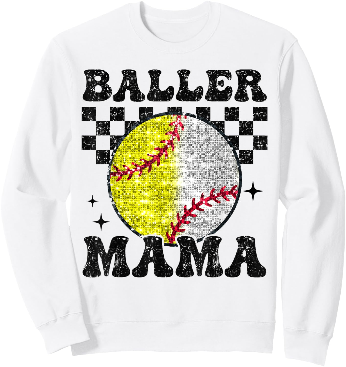 Baller Mama Checkered Retro Proud Softball Baseball Player Sweatshirt - Sweatshirt | White