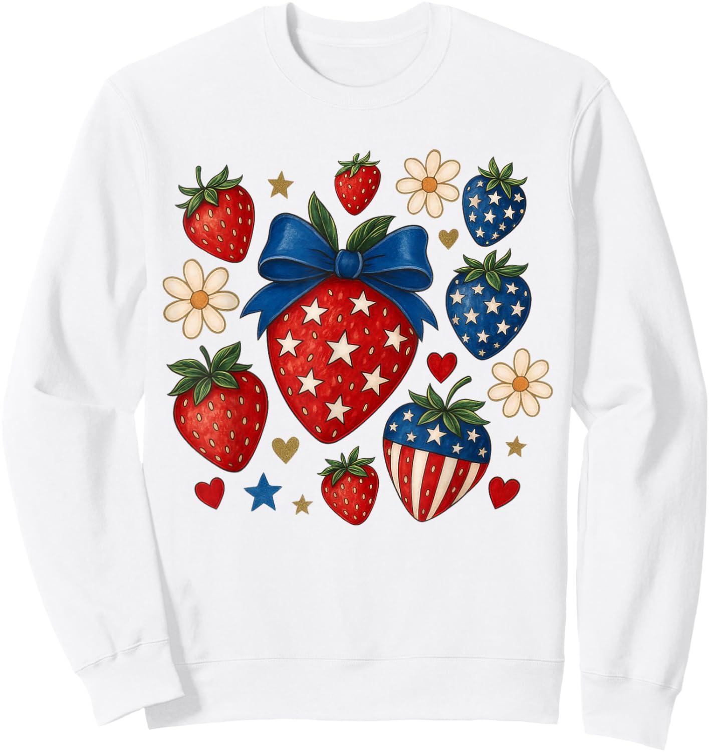 4th of July Strawberry Boho Coquette Bow Independence Day Sweatshirt - Sweatshirt | White
