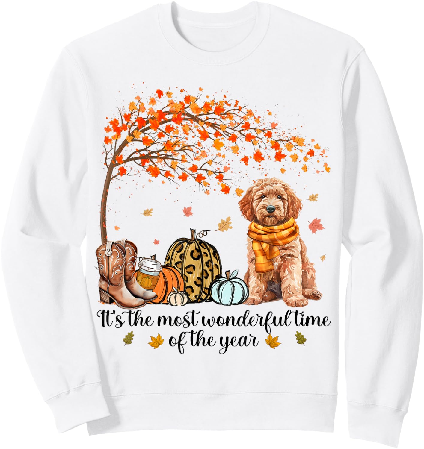 It’s The Most Wonderful Time Goldendoodle Pumpkins Autumn Sweatshirt - Sweatshirt | White