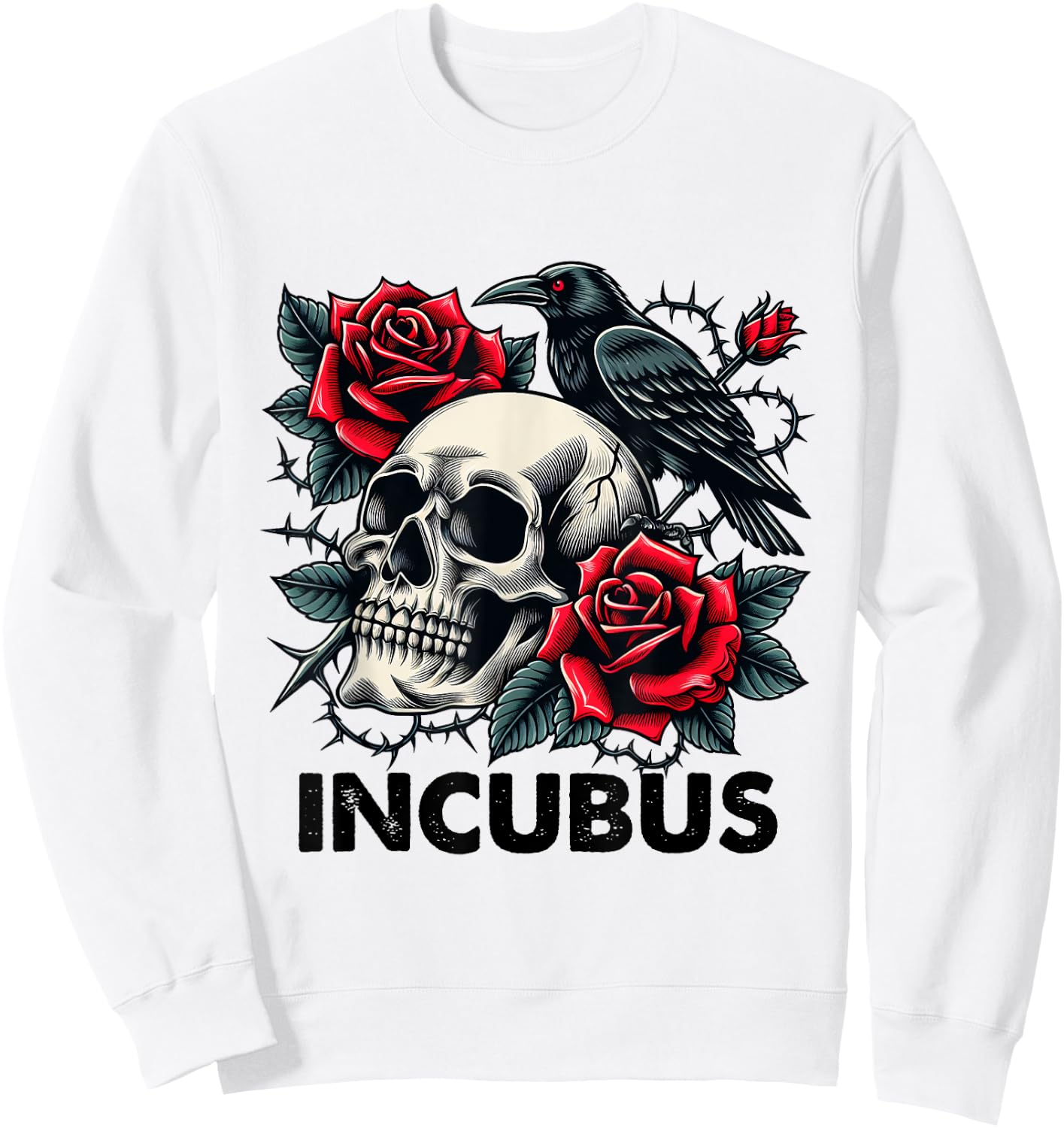 Retro Halloween Graphic Incubus-Crow Left Skull And Flower Sweatshirt - Sweatshirt | White