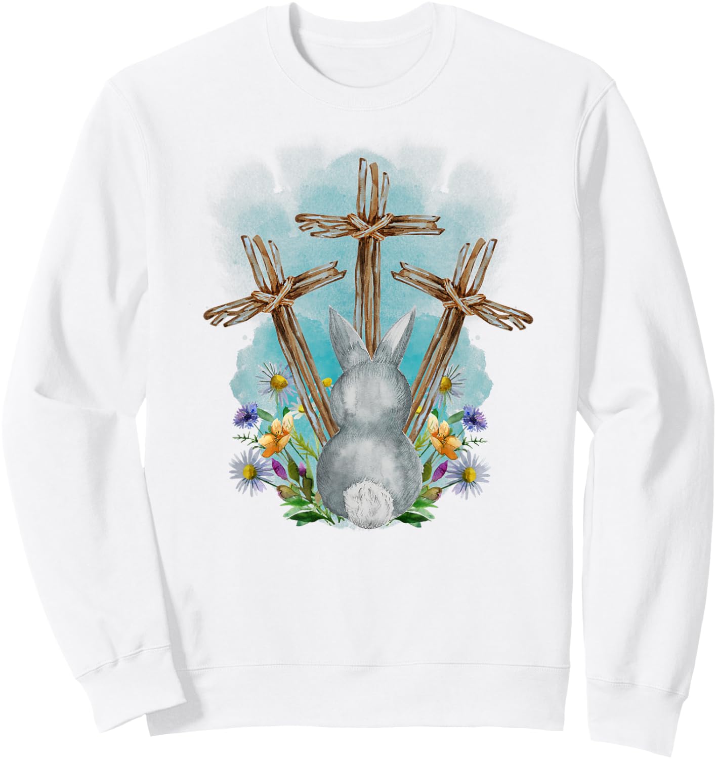 Easter Bunny with Trio Crosses Inspirational Christian Faith Sweatshirt - Sweatshirt | White