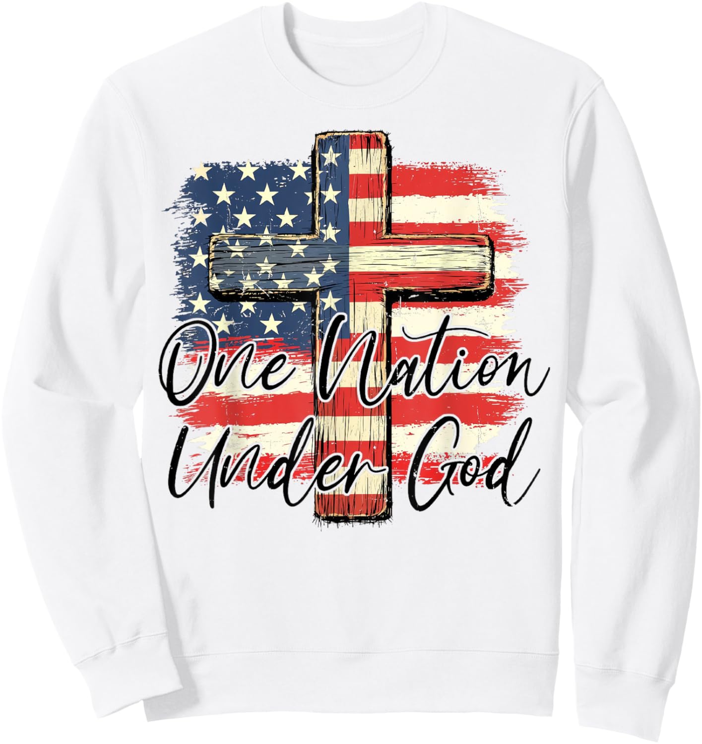 One Nation Under God Cross American Flag 4th Of July Sweatshirt - Sweatshirt | White