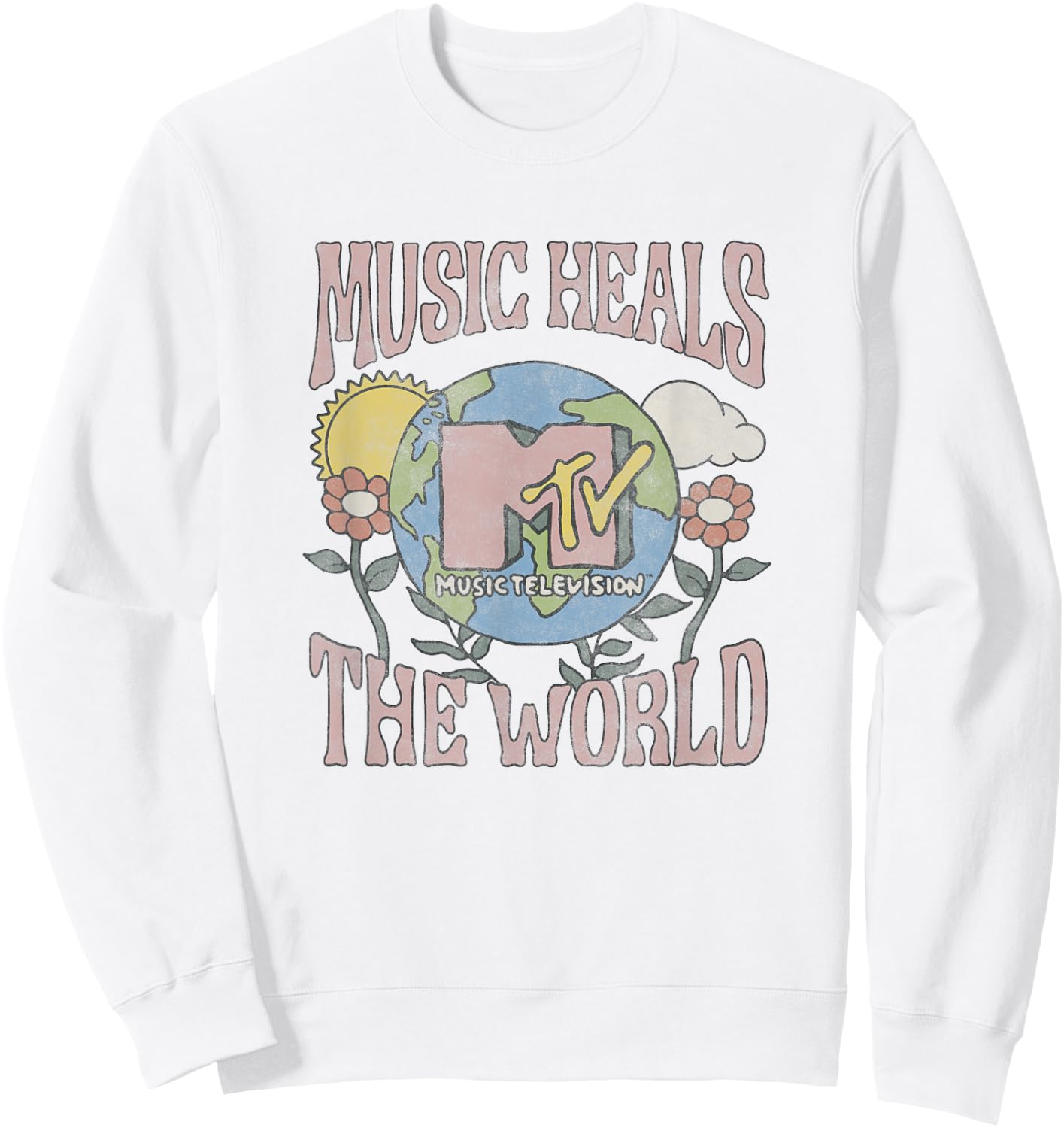 MTV Vintage Earth Day Music Heals The World Groovy Poster Sweatshirt - Sweatshirt | White