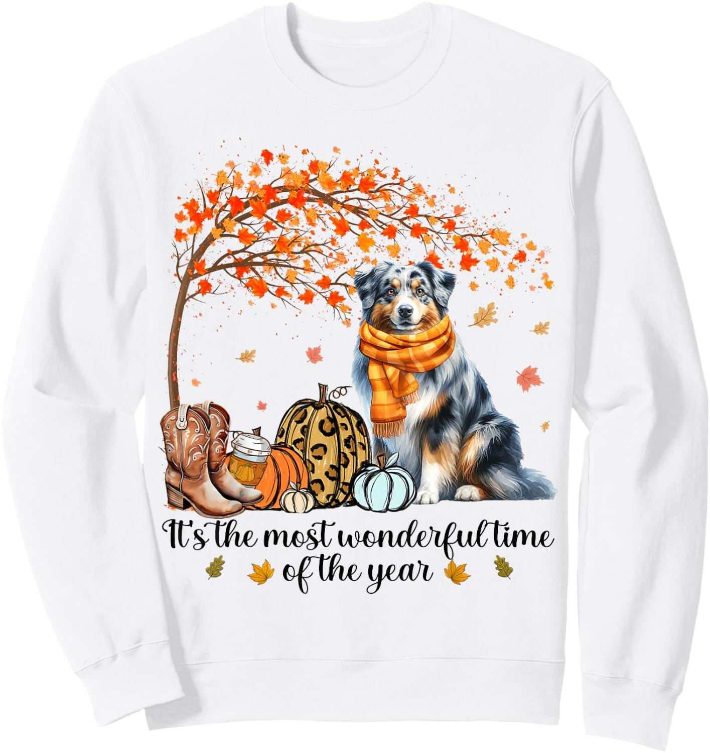 Fall Maple Tree Print Dog Lover Happy Thanksgiving Australian Shepherd Autumn Fall Sweatshirt - Sweatshirt | White
