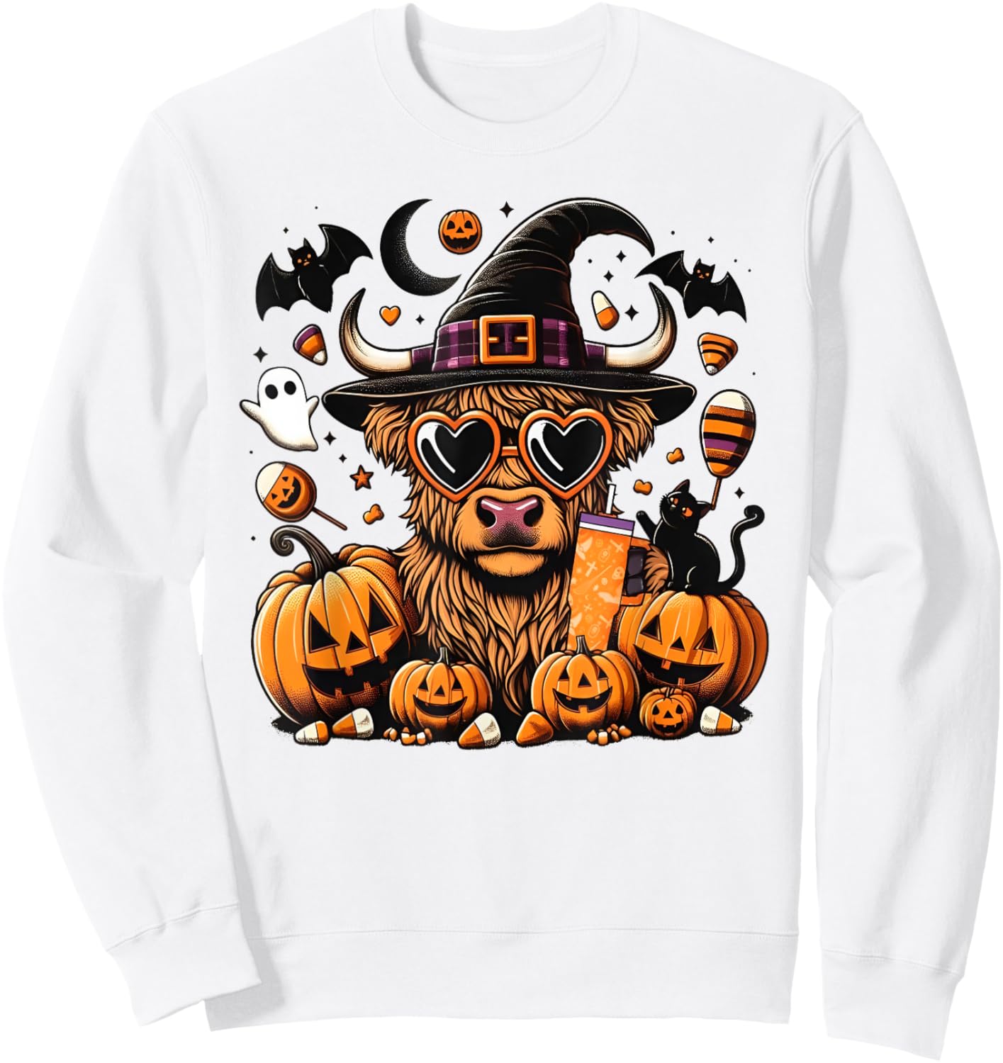 Halloween Highland Cow Witchy Cow Spooky Pumpkin Hello Fall Sweatshirt - Sweatshirt | White