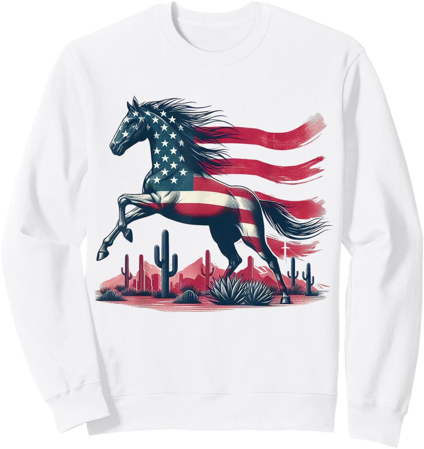 Horse American Flag USA 4th of July Horseback Riding Western Sweatshirt - Sweatshirt | White