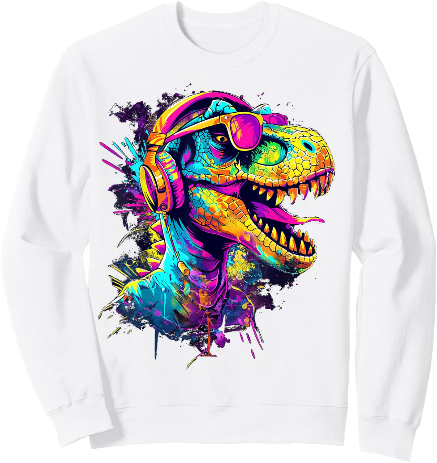 colored dinosaur DJ With Headphones and Sunglasses dino Sweatshirt - Sweatshirt | White