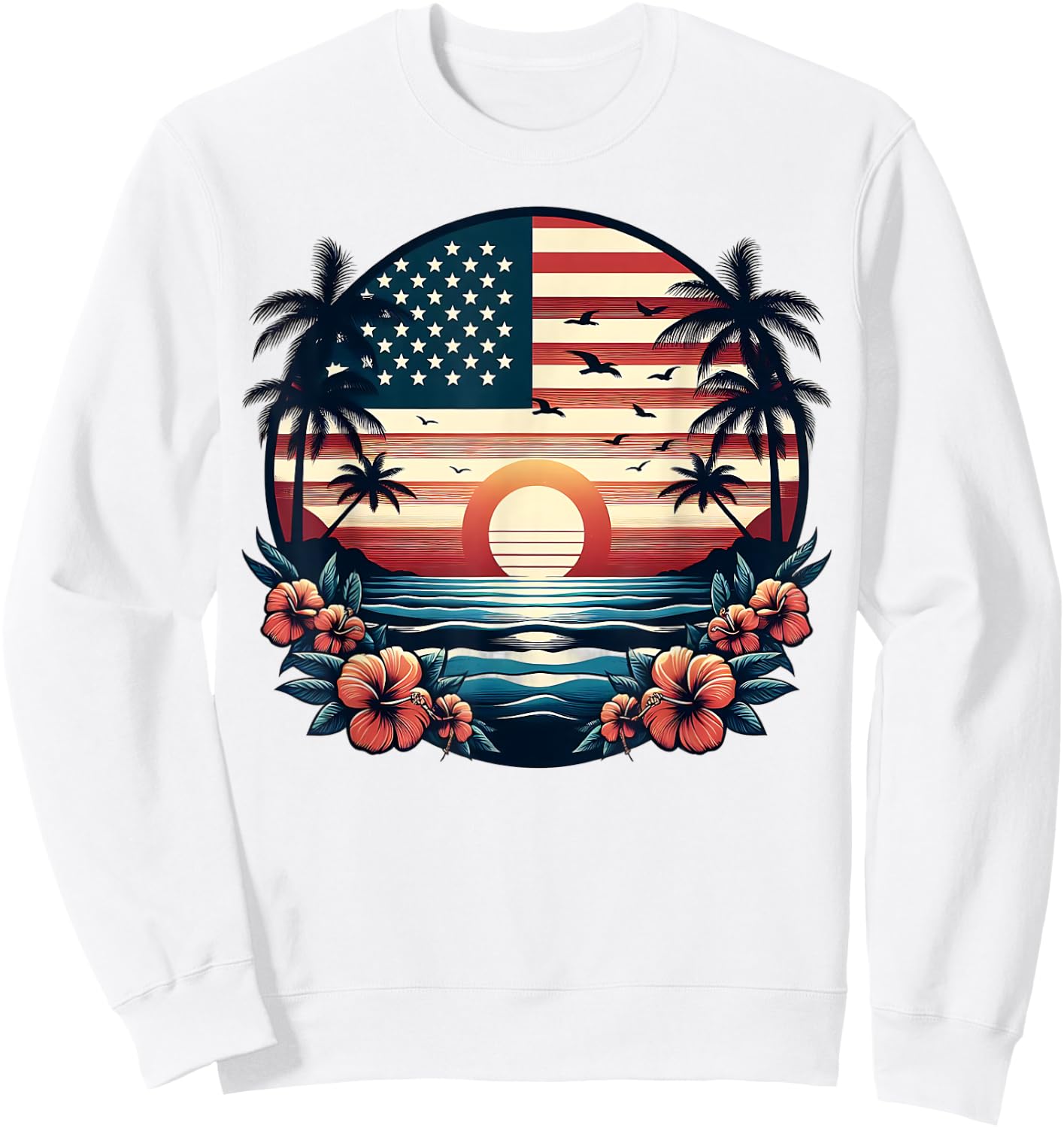 American Flag Palm Trees USA Patriotic 4th of July Summer Sweatshirt - Sweatshirt | White