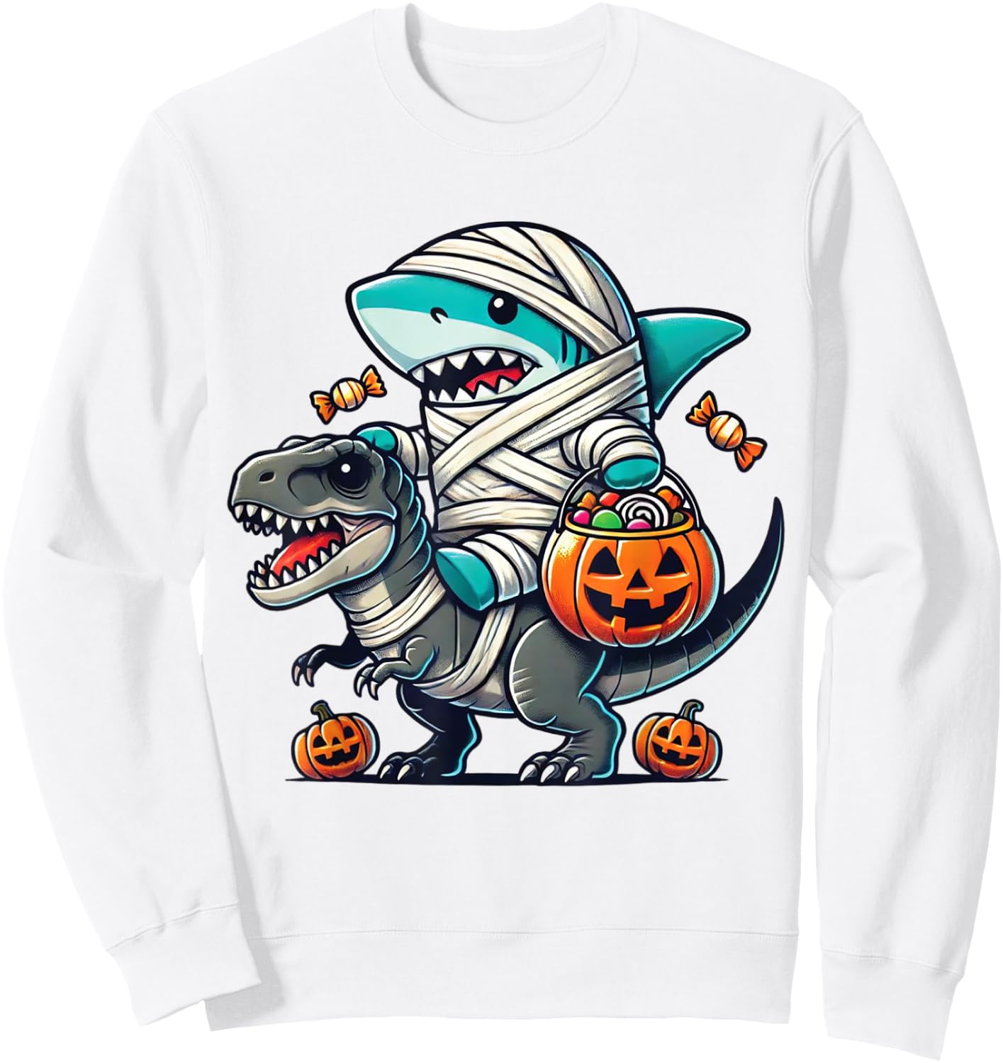 Shark Riding Dinosaur T-rex Funny Halloween Pumpkin Boys Kid Sweatshirt - Sweatshirt | White