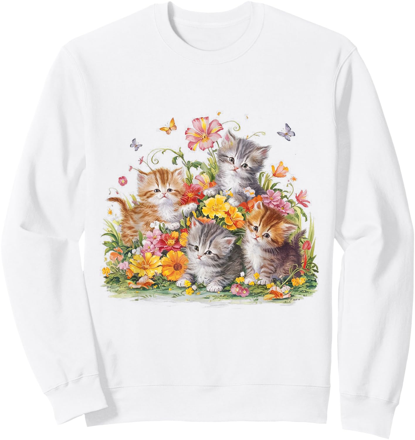 Floral Vintage Aesthetic Painted Kittens and Pressed Flower Sweatshirt - Sweatshirt | White
