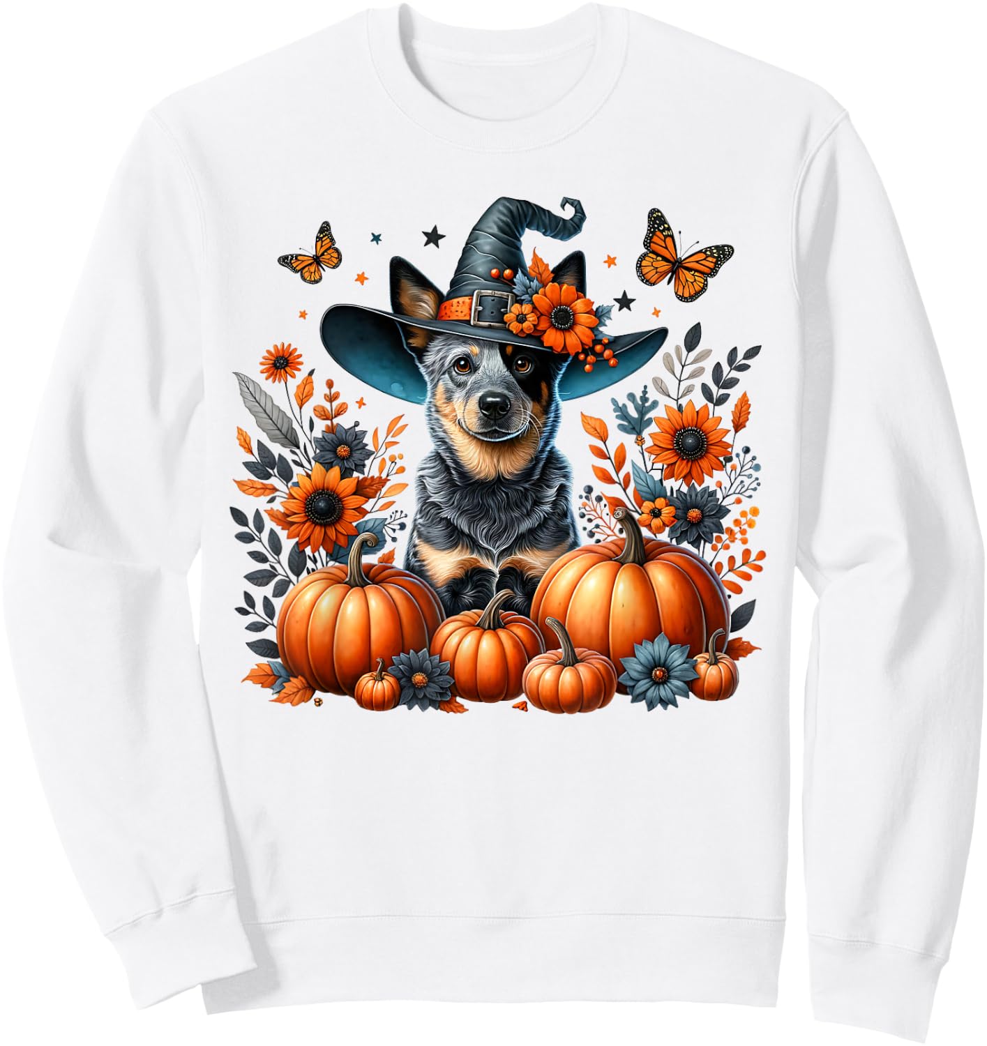 Halloween Blue Heeler Dog Pumpkin Autumn Season Flowers Sweatshirt - Sweatshirt | White