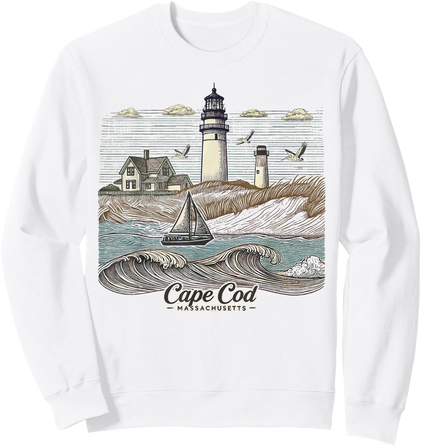 Vintage Cape Cod Massachusetts Nautical Lighthouse Seashore Sweatshirt - Sweatshirt | White