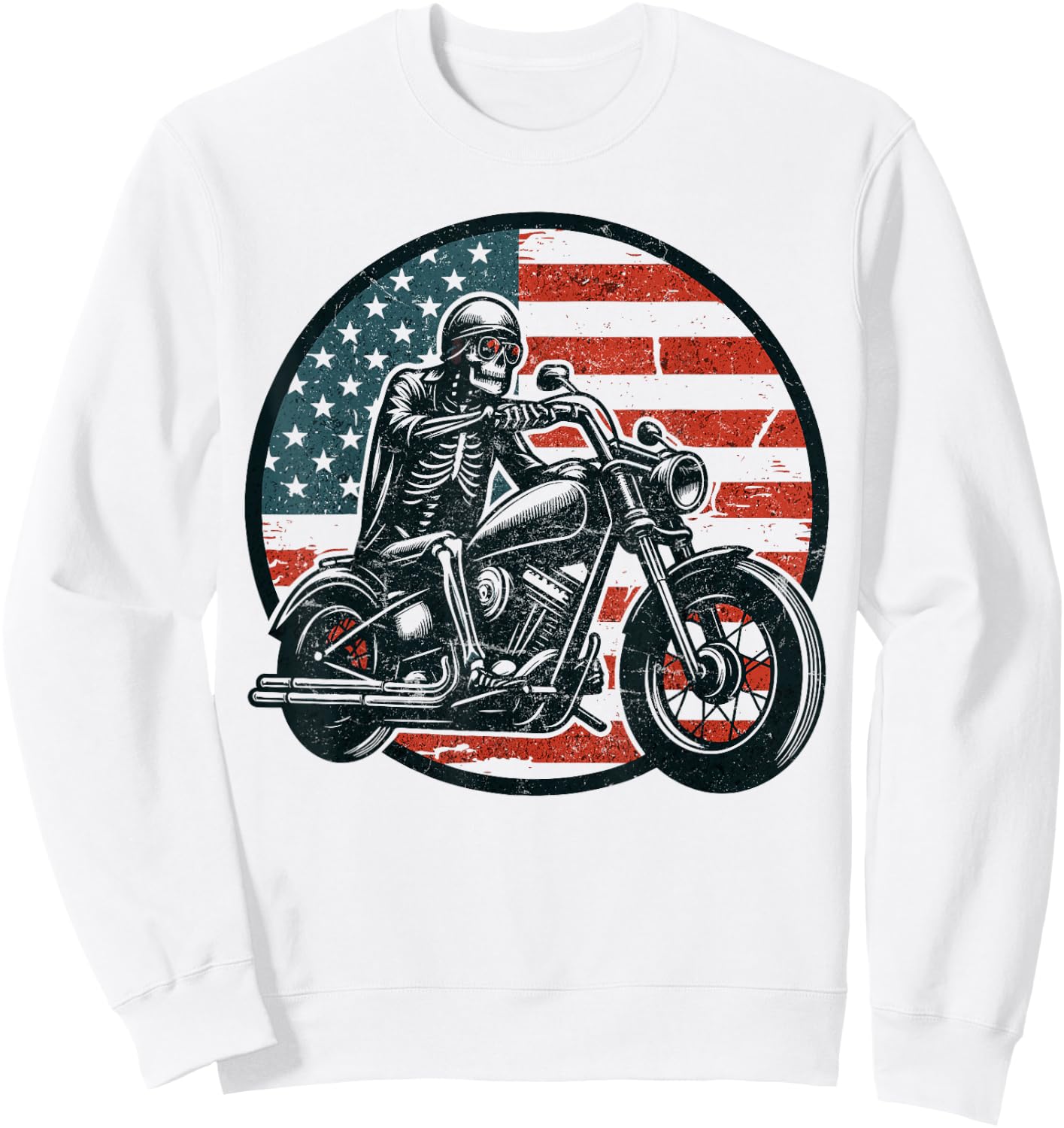 US Flag Motorcycle Skeleton Biker 4th July American Men Dad Sweatshirt - Sweatshirt | White