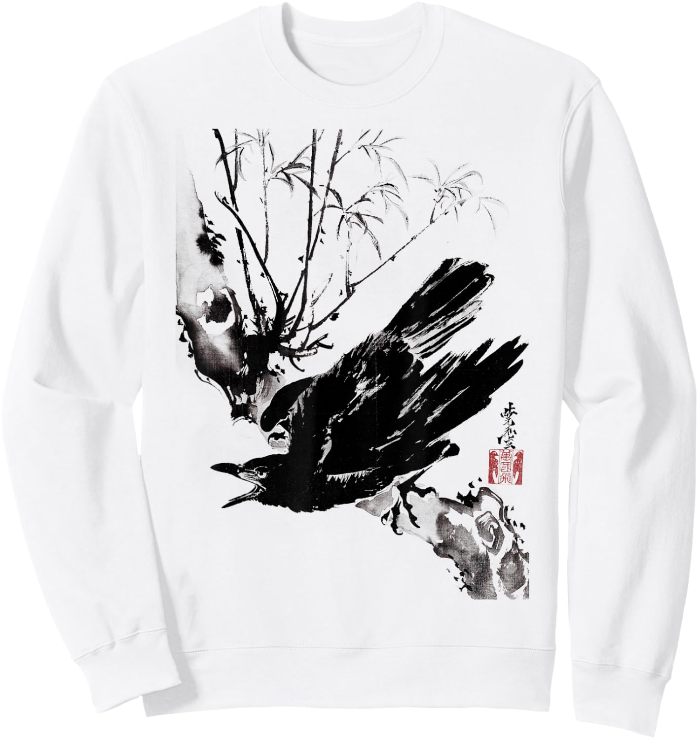 Crow Raven Bird Gothic Vintage Japanese Ukiyo-e Woodblock Sweatshirt - Sweatshirt | White
