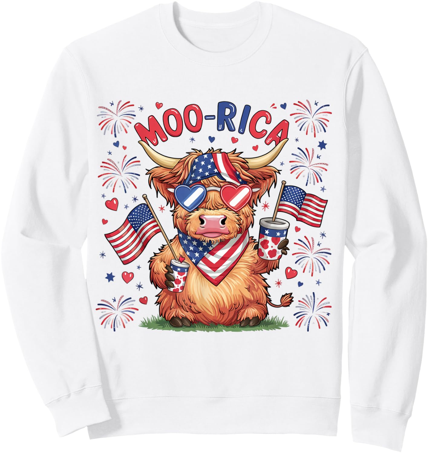 Moo-Rica Western America Highland Cow 4th Of July USA Flag Kids Men Sweatshirt - Sweatshirt | White