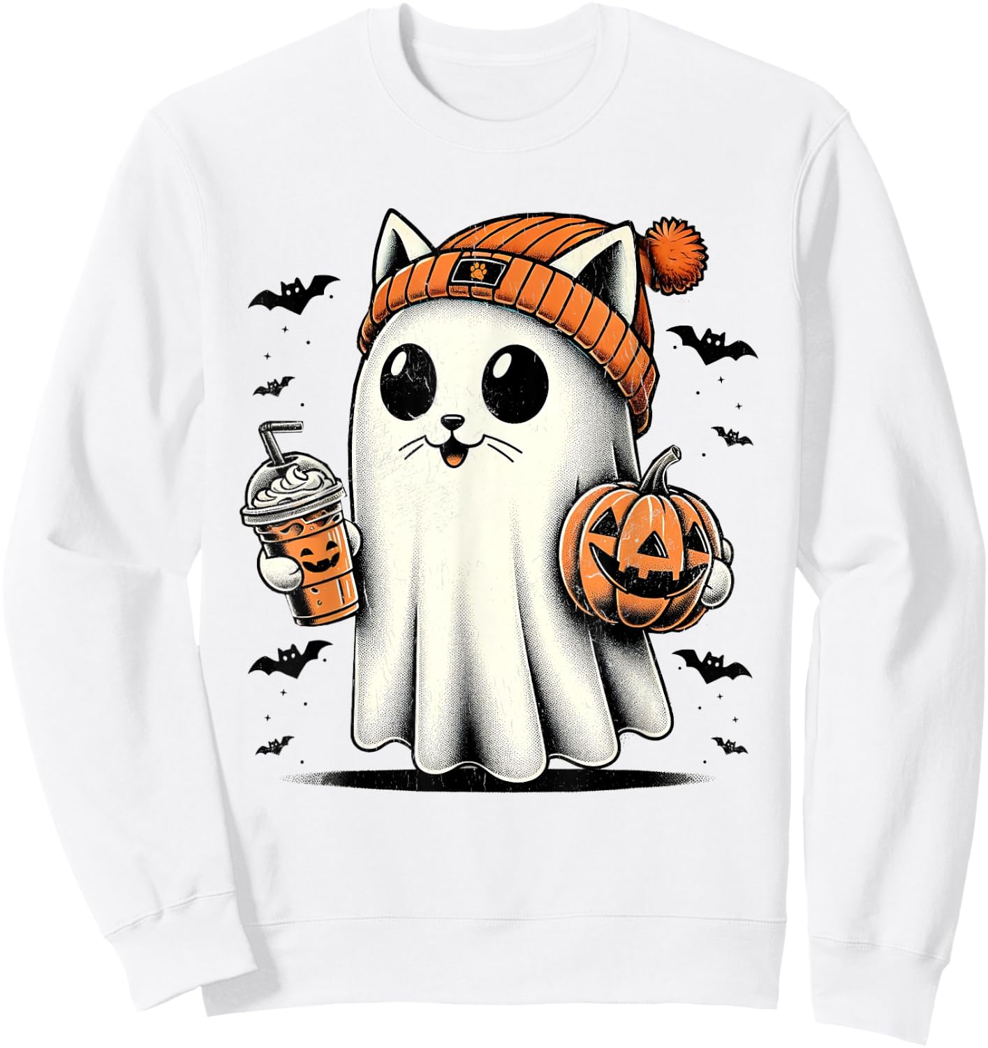 Cute Cat Ghost Iced Coffee Funny Ghost Halloween Ice Coffee Women Kids Sweatshirt - Sweatshirt | White