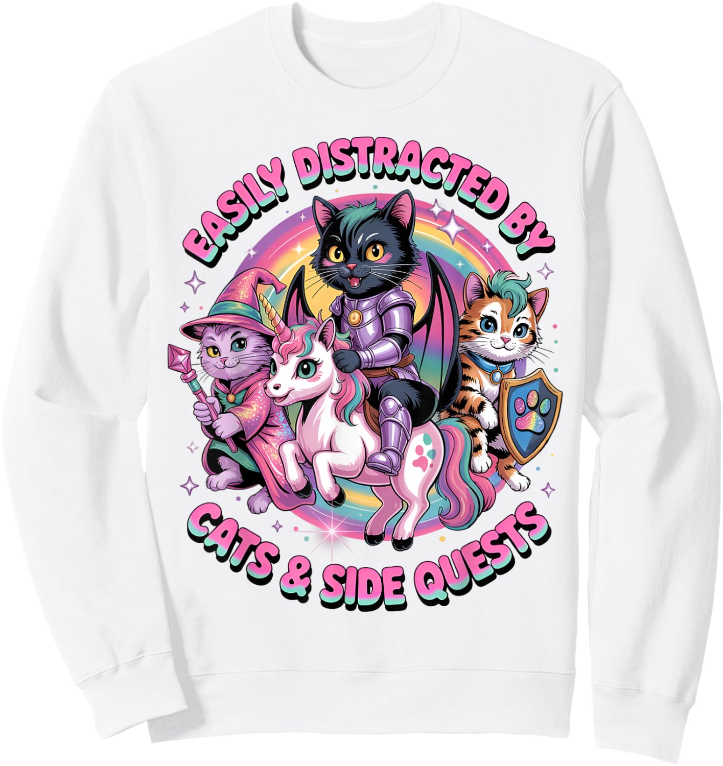 Gamer Cats Side Quest Distracted Cute Girls Unicorn RPG Sweatshirt - Sweatshirt | White