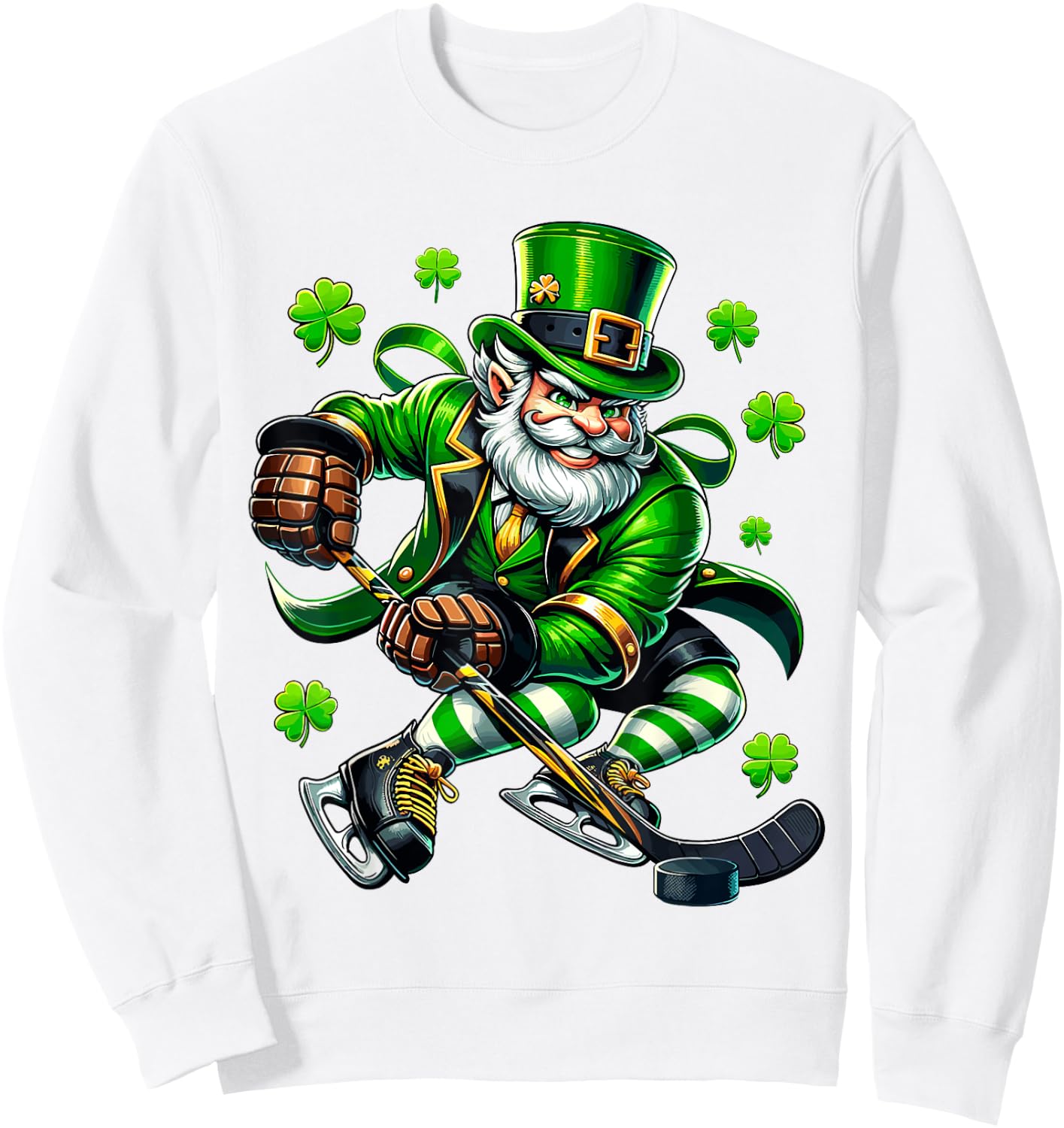 St Patricks Day Leprechaun Showing Hockey Skills Men Women Sweatshirt - Sweatshirt | White